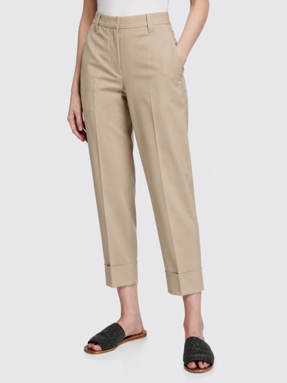 Brunello Cucinelli Khaki Pants Cuff Straight Leg Cotton Twill Trousers Size 10